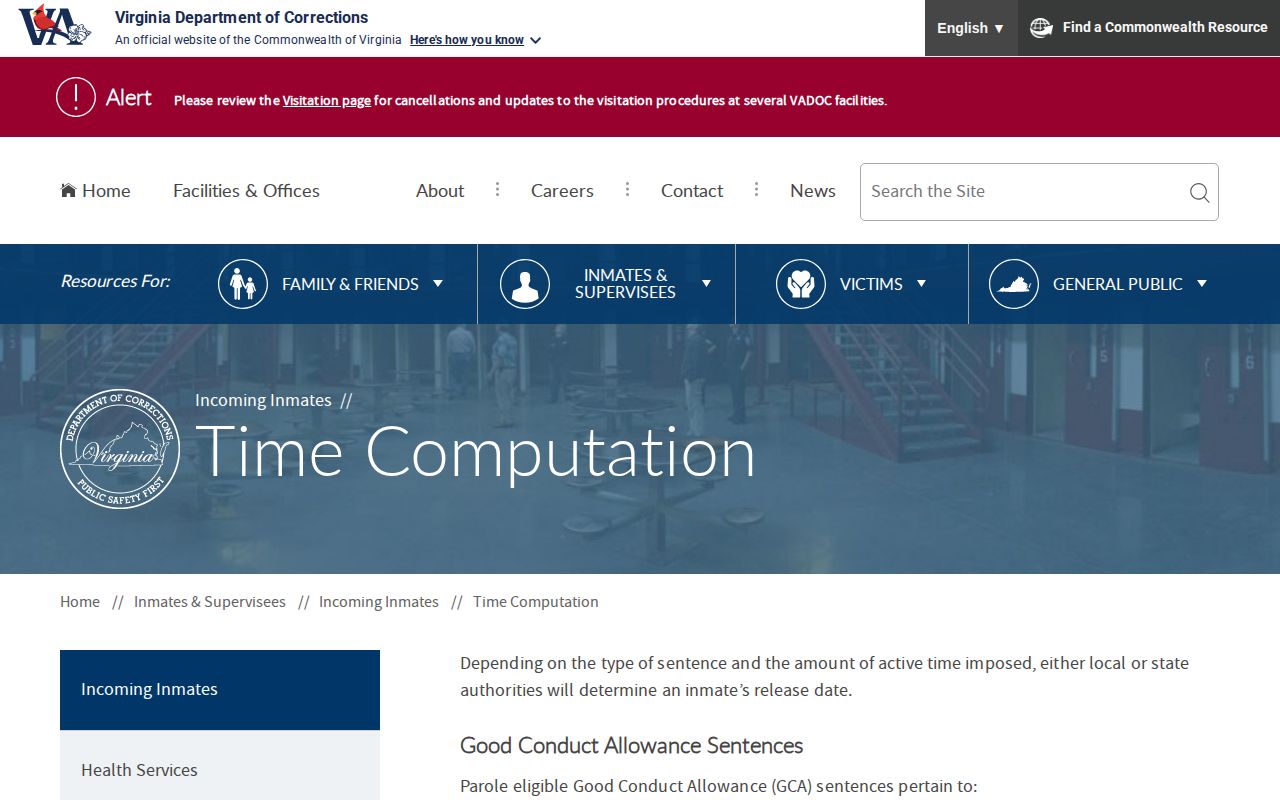 VADOC time computation source for Alleghany County inmate release dates
